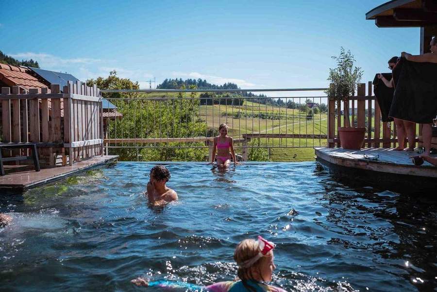 Kinder planschen im Naturpool des Grub-Daniel-Hofs