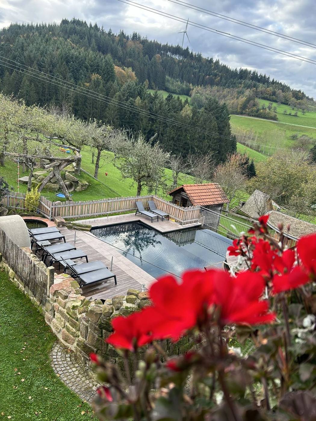 Blick vom Balkon zum Naturpool und Spielplatz von Ferienhaus Rose