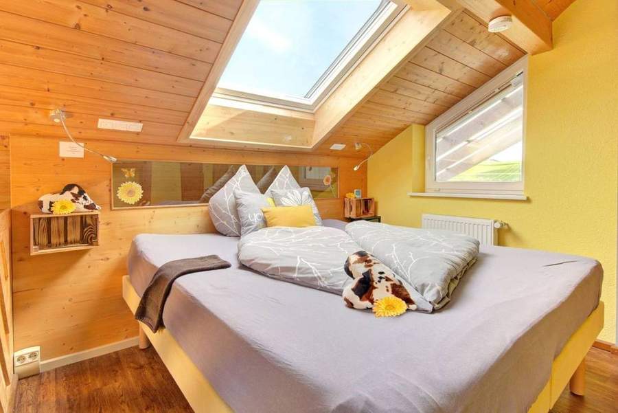 Bett mit Dachfenster zum Sternezählen in der Ferienwohnung Sonnenblume